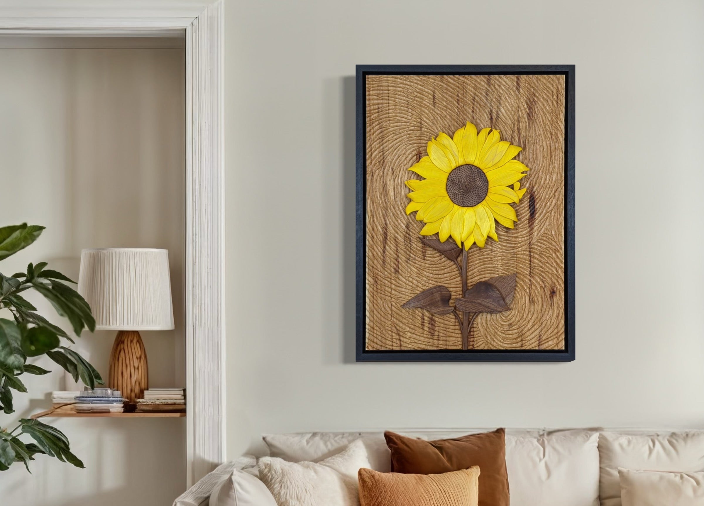 Starry Night Sunflower wood sculpture by Alex Jepson in a luxurious interior, emphasizing fine craftsmanship and vibrant colors for high-end home décor.