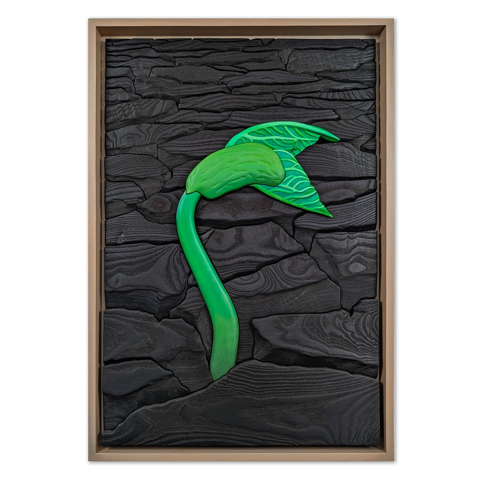 Full view of Rebirth wood sculpture by Alex Jepson, showcasing intricate craftsmanship and nature-inspired design with deep textures and high-quality materials.