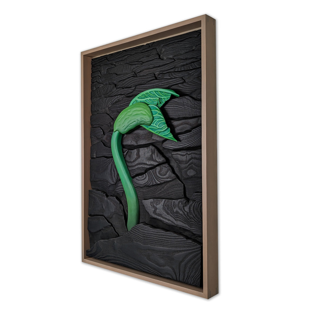 Rebirth wood sculpture by Alex Jepson, featuring detailed wood carving and fine craftsmanship that brings nature’s beauty and strength to life.