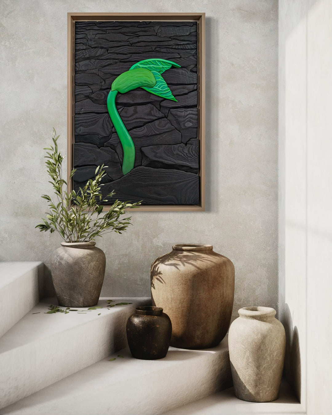 Rebirth wood sculpture by Alex Jepson in a luxurious interior, showcasing the fine details and craftsmanship of nature-inspired wood art for upscale spaces.
