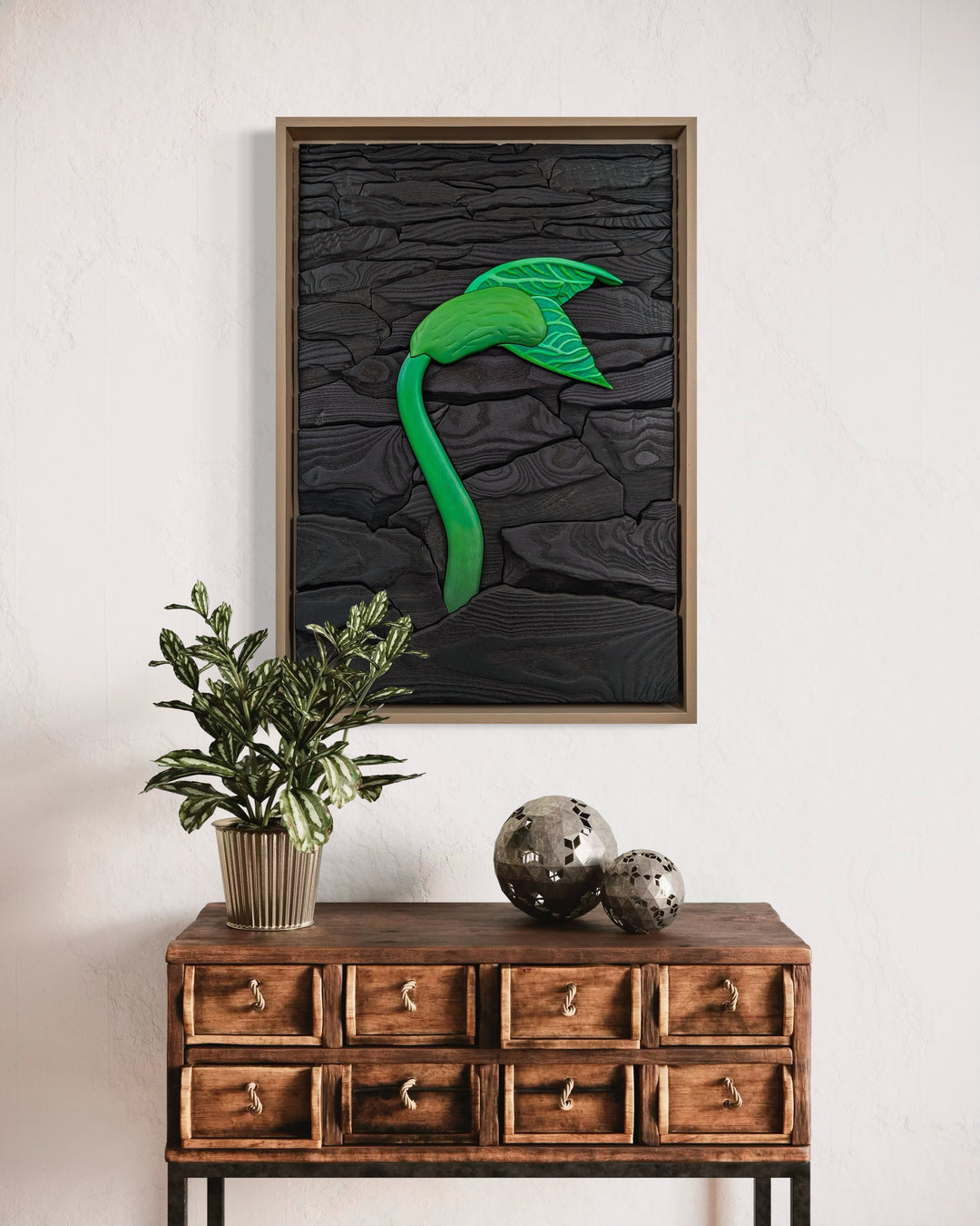 Rebirth wood sculpture by Alex Jepson displayed in a luxury home, highlighting expert craftsmanship and nature-inspired artistry for high-end interiors.