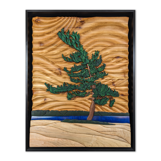 Full view of The Windswept Pine wood sculpture by Alex Jepson, showcasing intricate tree details and expert craftsmanship inspired by the windswept pines of Georgian Bay.