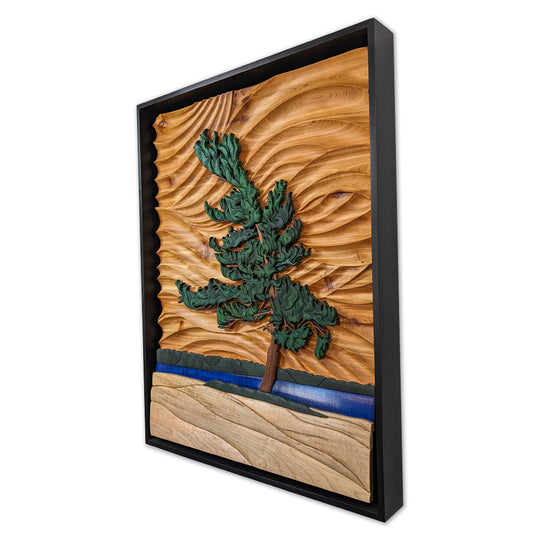 Full view of The Windswept Pine wood sculpture by Alex Jepson, displaying the intricate details and natural textures of the windswept tree design, showcasing expert craftsmanship and nature-inspired artistry.